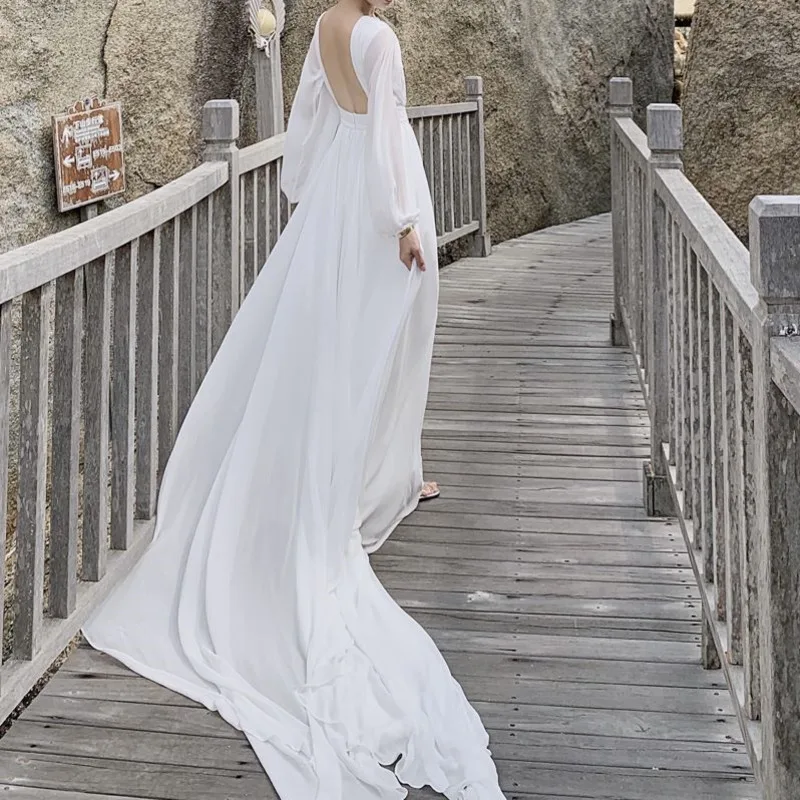 Женское шифоновое платье элегантное праздничное белое до пола с