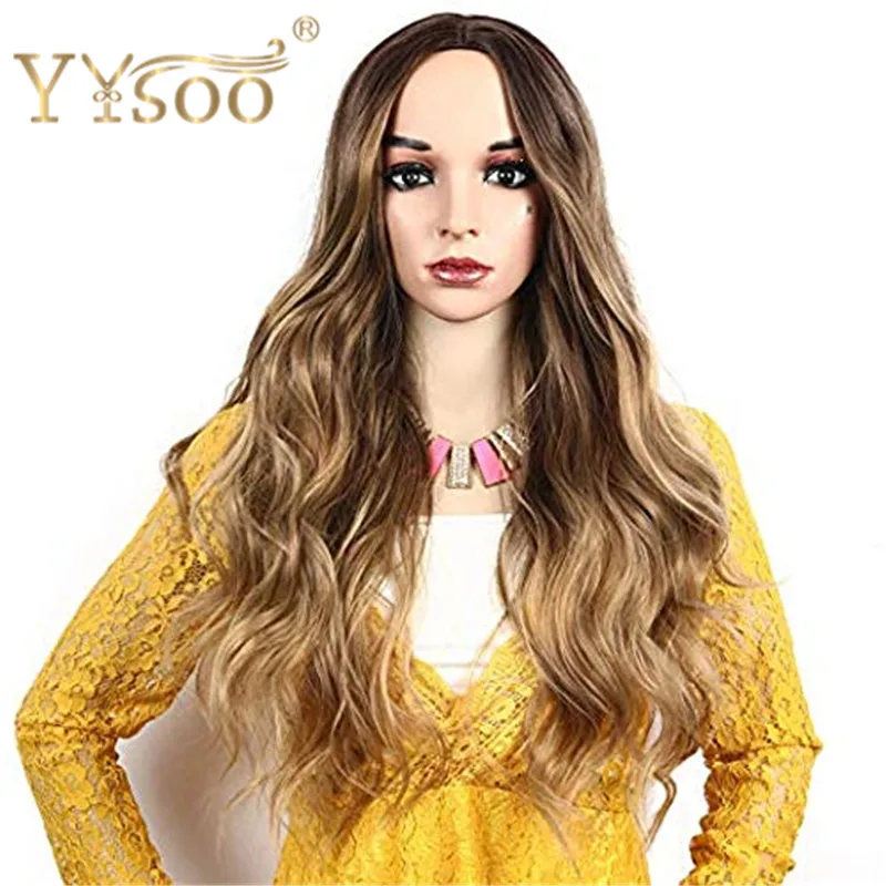 

YYsoo Long Highlights Cosplay Wigs for Women Natural Long Wavy Curly Wig Dark Roots Ombre Blonde Wig Middle Parting No Lace Wig