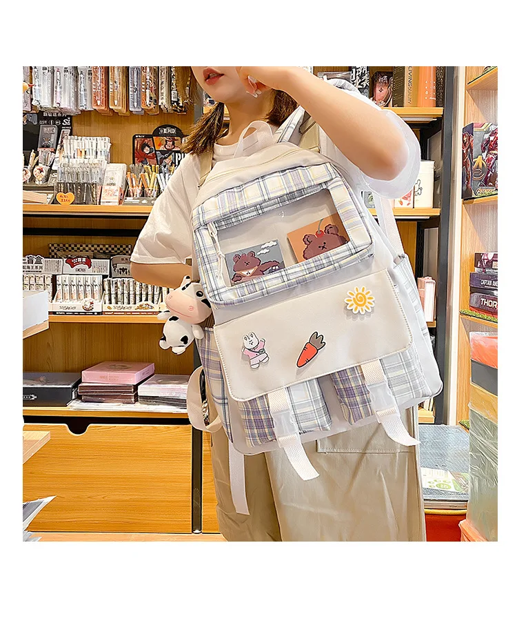 Female Fresh Plaid Ita Bag Ladies Kawaii Large Capacity Nylon Student School Bag Girls Japanese Transparent PVC Pocket Backpack
Female Fresh Plaid Ita Bag Ladies Kawaii Large Capacity Nylon Student School Bag Girls Japanese Transparent PVC Pocket Backpack