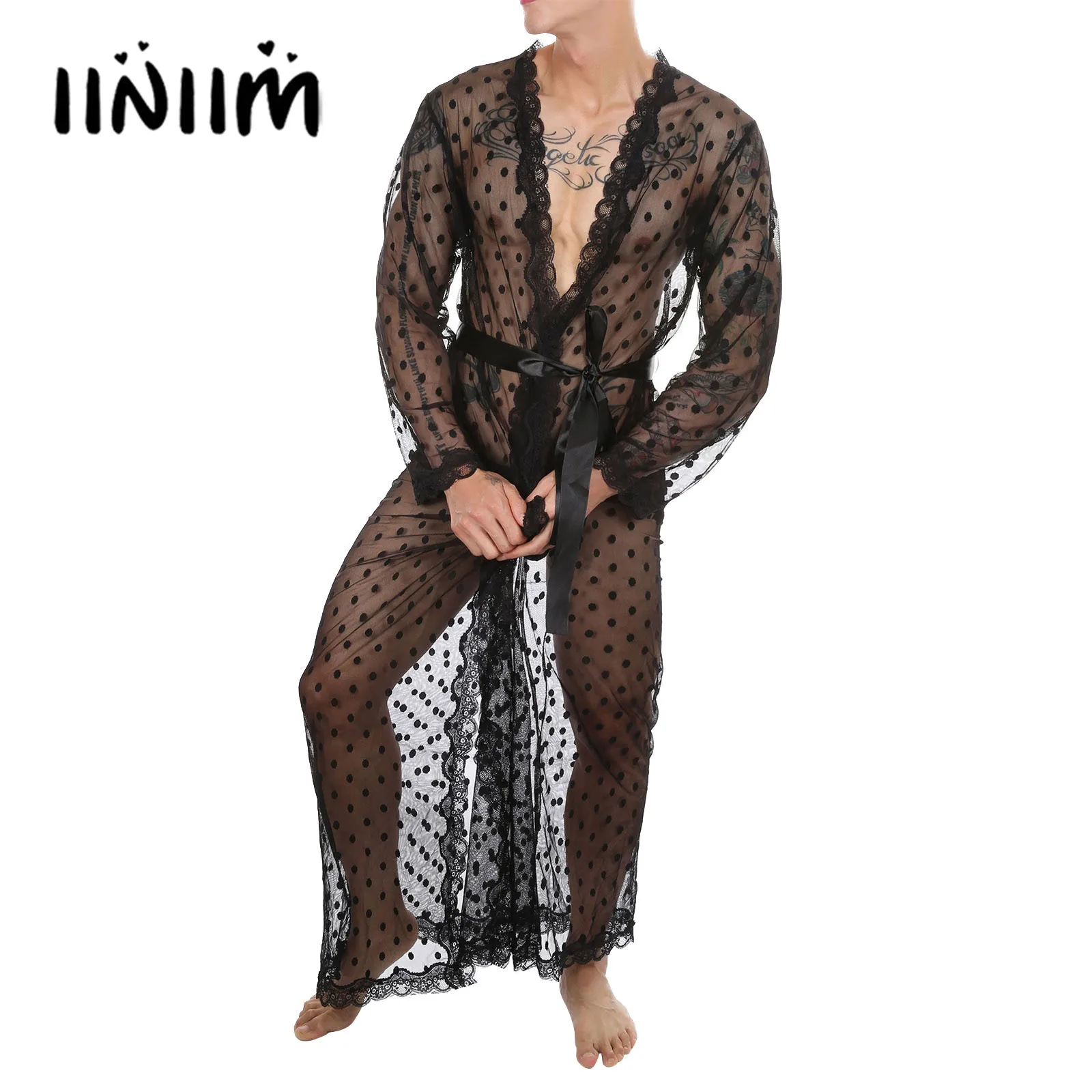 

Mens See-through Mesh Lace Trim Kimono Bathrobe Belted Night-Gown with Lace-up G-string Babydolls Dot Pattern Exotic Nightwear