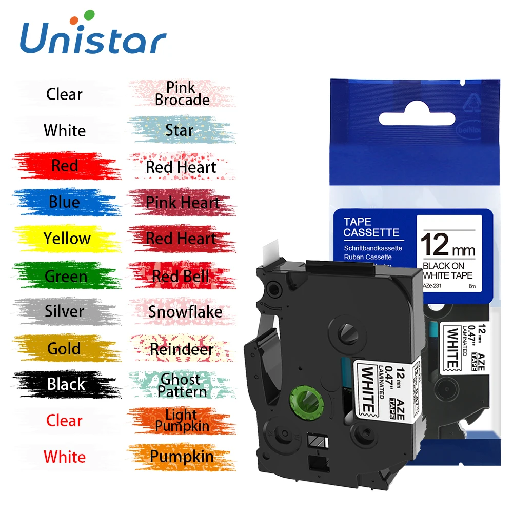 Лента для этикеток Unistar TZe-231 12 мм черно-белая совместимая с Brother этикеточный