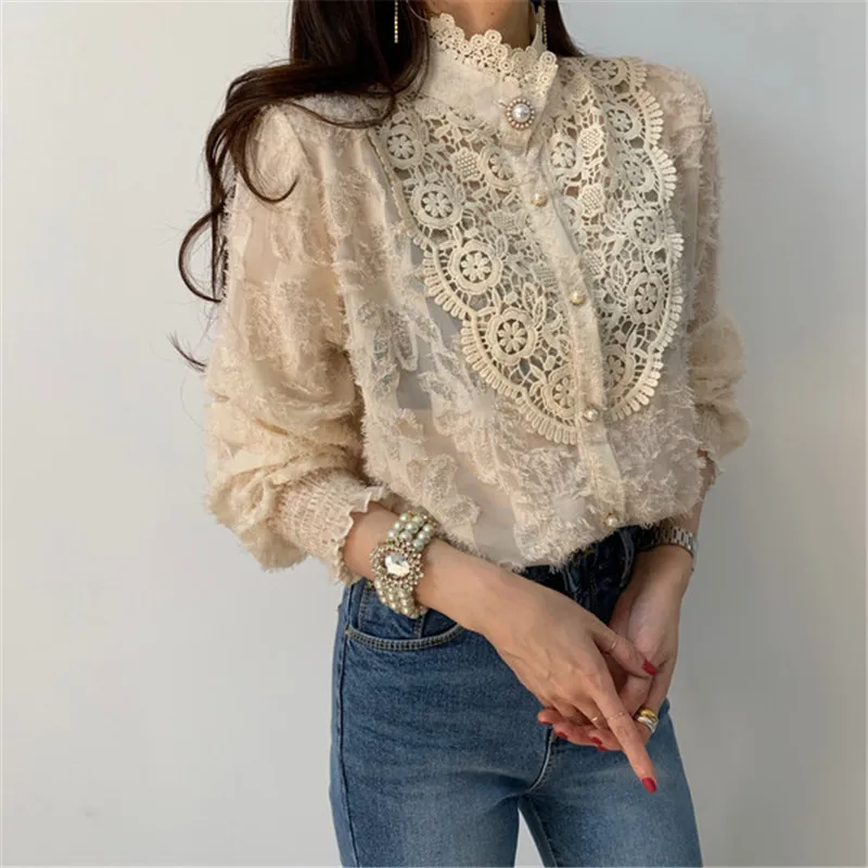 Crochet Lace Blouses Women Korean Ladies Solid Color Stand Collar Long Sleeve Vintage Blouse Spring Shirt Tops
Crochet Lace Blouses Women Korean Ladies Solid Color Stand Collar Long Sleeve Vintage Blouse Spring Shirt Tops