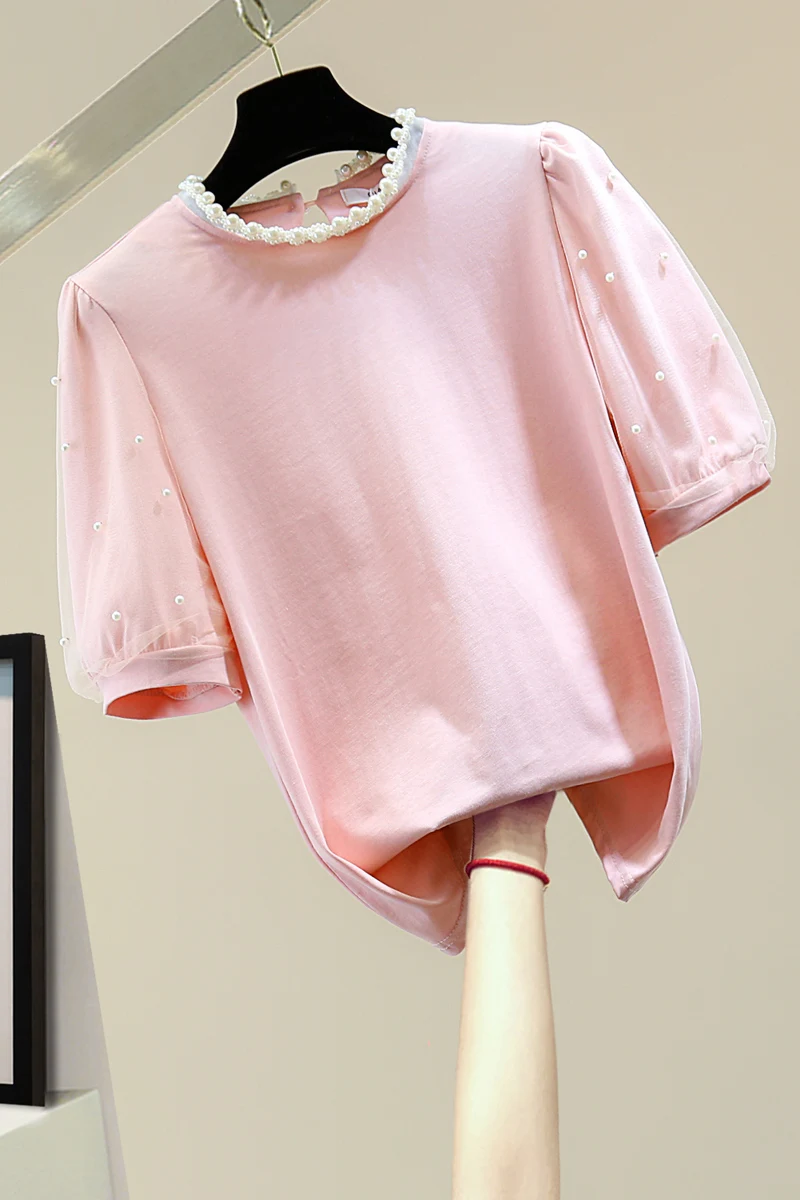 Mesh Short-Sleeved T-shirt 2021 Summer Loose Round Neck Beads Pink Sweet T Shirt Female Casual All-matching T-shirts Basic Tops 
Mesh Short-Sleeved T-shirt 2021 Summer Loose Round Neck Beads Pink Sweet T Shirt Female Casual All-matching T-shirts Basic Tops