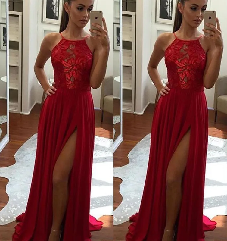 Simple Sleeveless Red A Line Prom Dresses Long Side Split Chiffon Lace Top Vestidos De Festa Cheap Party Gowns
Simple Sleeveless Red A Line Prom Dresses Long Side Split Chiffon Lace Top Vestidos De Festa Cheap Party Gowns