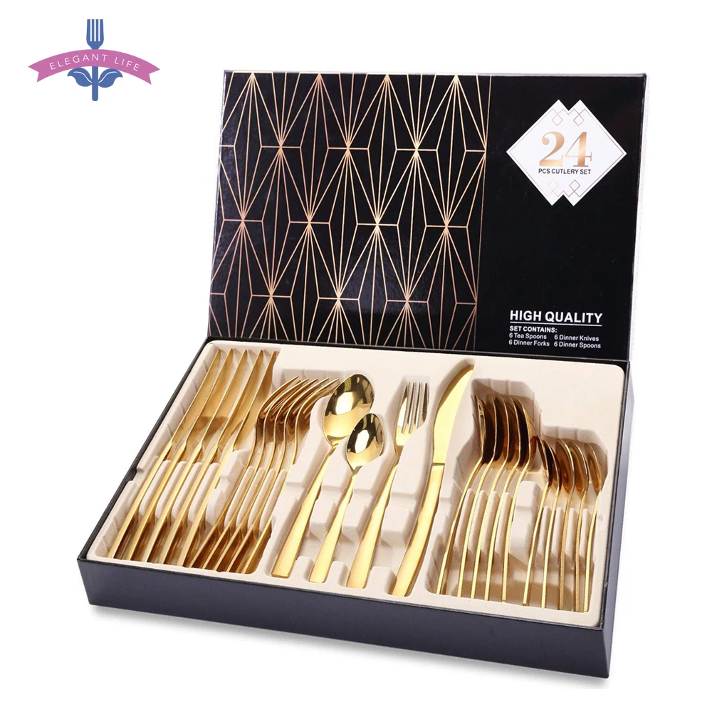 24PCS Tableware Gold Cutlery Set Dishes Dinnerware Set Knives Forks Spoons Western Kitchen 18/10 Stainless Steel Dinner Gift
24PCS Tableware Gold Cutlery Set Dishes Dinnerware Set Knives Forks Spoons Western Kitchen 18/10 Stainless Steel Dinner Gift