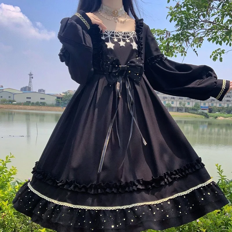 Japanese Gothic Lolita OP Dress Women Harajuku Sweet Stars Twinkle Bow Ruffles Party Dresses Victorian Girls Cute Princess Dress
Japanese Gothic Lolita OP Dress Women Harajuku Sweet Stars Twinkle Bow Ruffles Party Dresses Victorian Girls Cute Princess Dress
