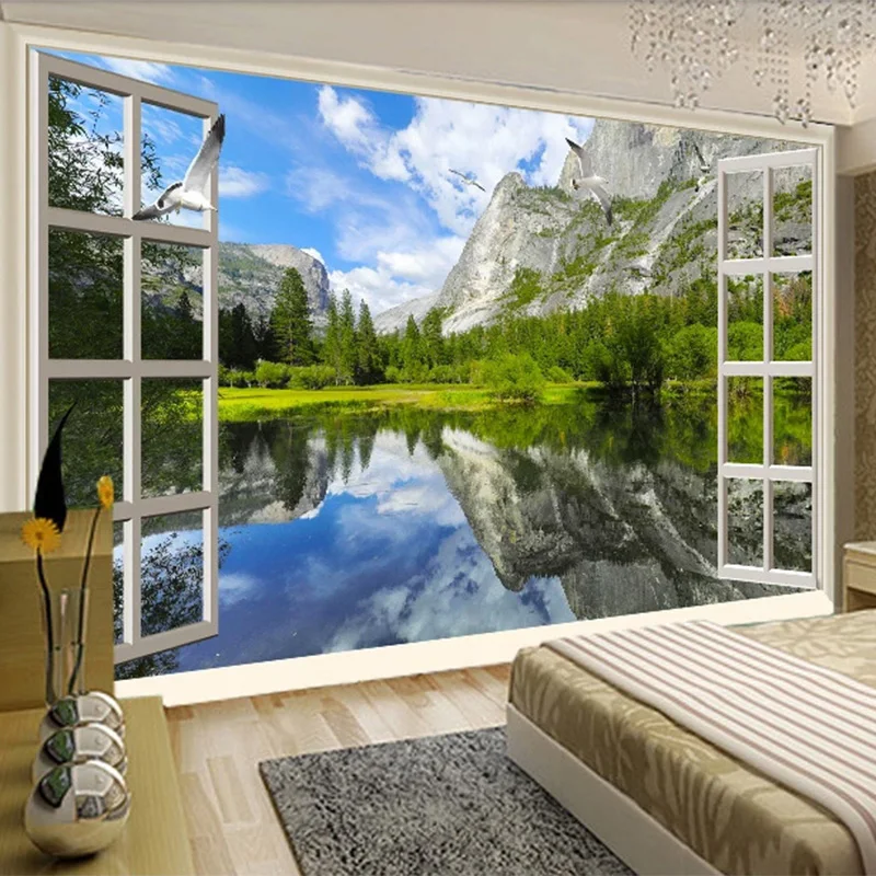 

Custom 3D Murals Classic Window Lake Mountain Nature Scenery Photo Wallpapers Living Room Bedroom Sofa 3D Decor Papel De Parede