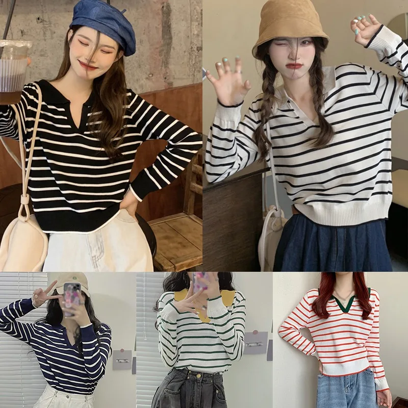 Women Knitted Sweater Loose Lazy Style Student Striped Shirt Retro Long-Sleeved Shirt 
Women Knitted Sweater Loose Lazy Style Student Striped Shirt Retro Long-Sleeved Shirt