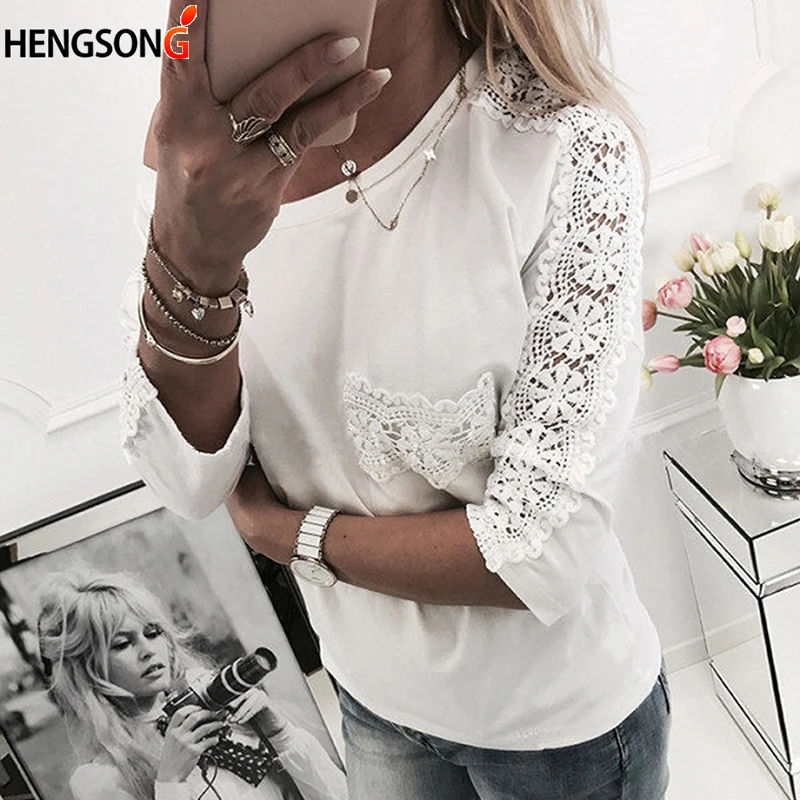 Женская Кружевная футболка с вырезом, осенняя, повседневная, с рукавом 3/4 
Женская Кружевная футболка с вырезом, осенняя, повседневная, с рукавом 3/4