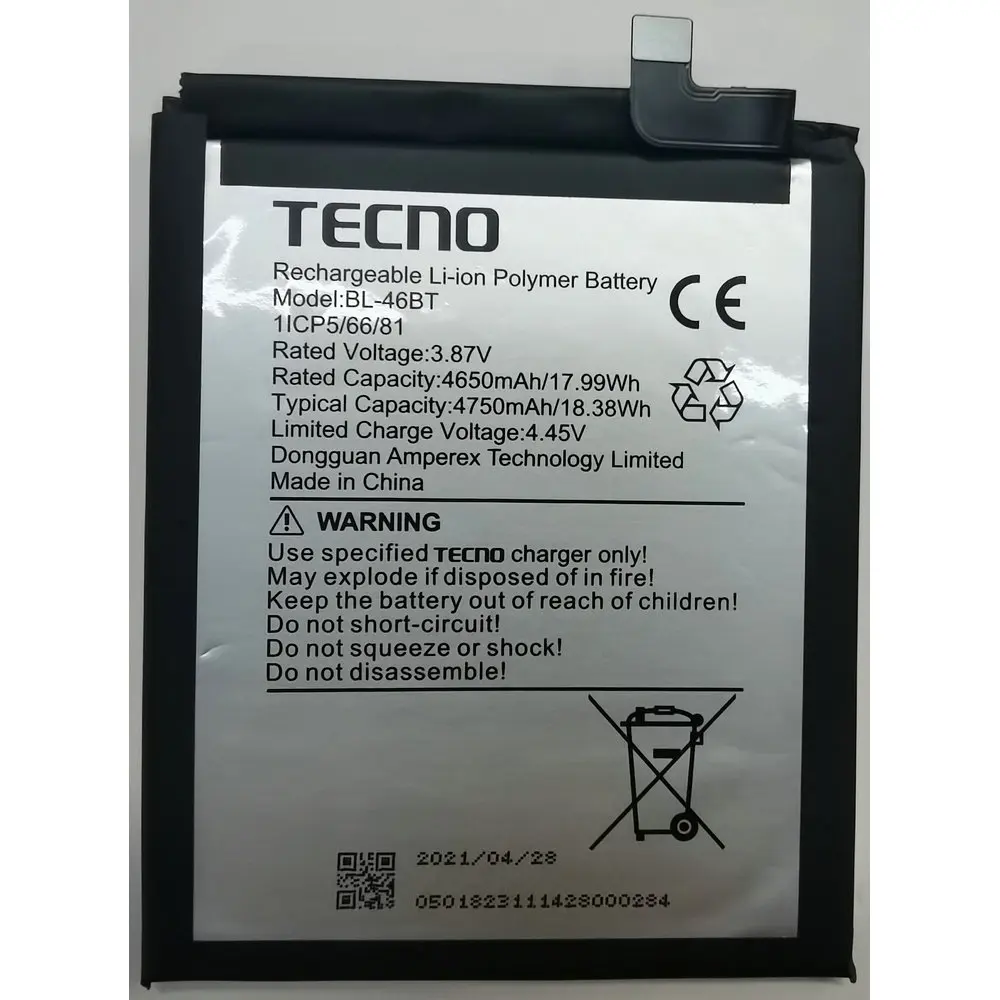3,87 V совершенно новый оригинальный 4650mAh телефон BL-46BT Аккумулятор для TECNO BL-46BT
3,87 V совершенно новый оригинальный 4650mAh телефон BL-46BT Аккумулятор для TECNO BL-46BT