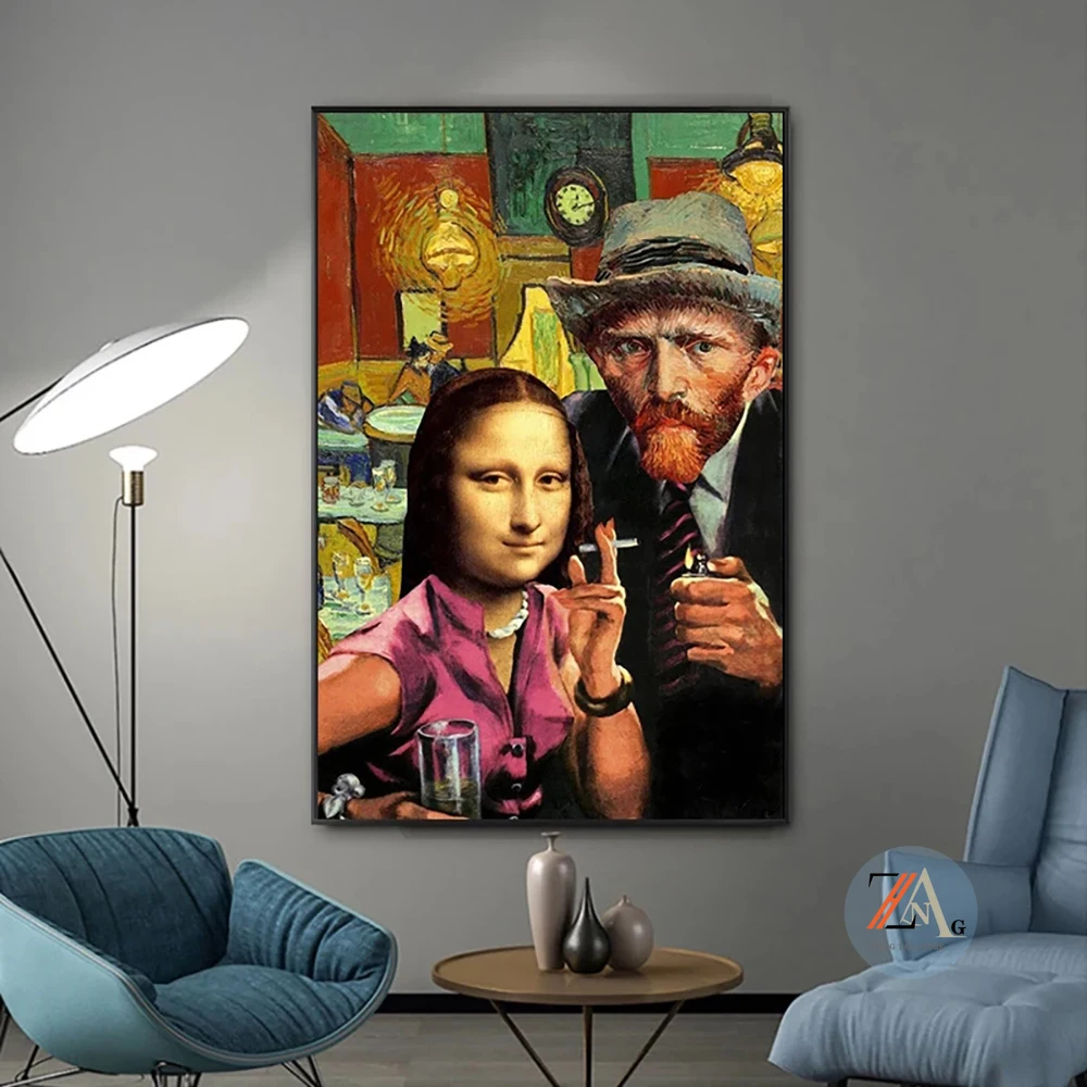 Collision of works by two famous artists art Mona Lisa and Van Gogh smoking canvas painting wall art poster and living room 
Collision of works by two famous artists art Mona Lisa and Van Gogh smoking canvas painting wall art poster and living room