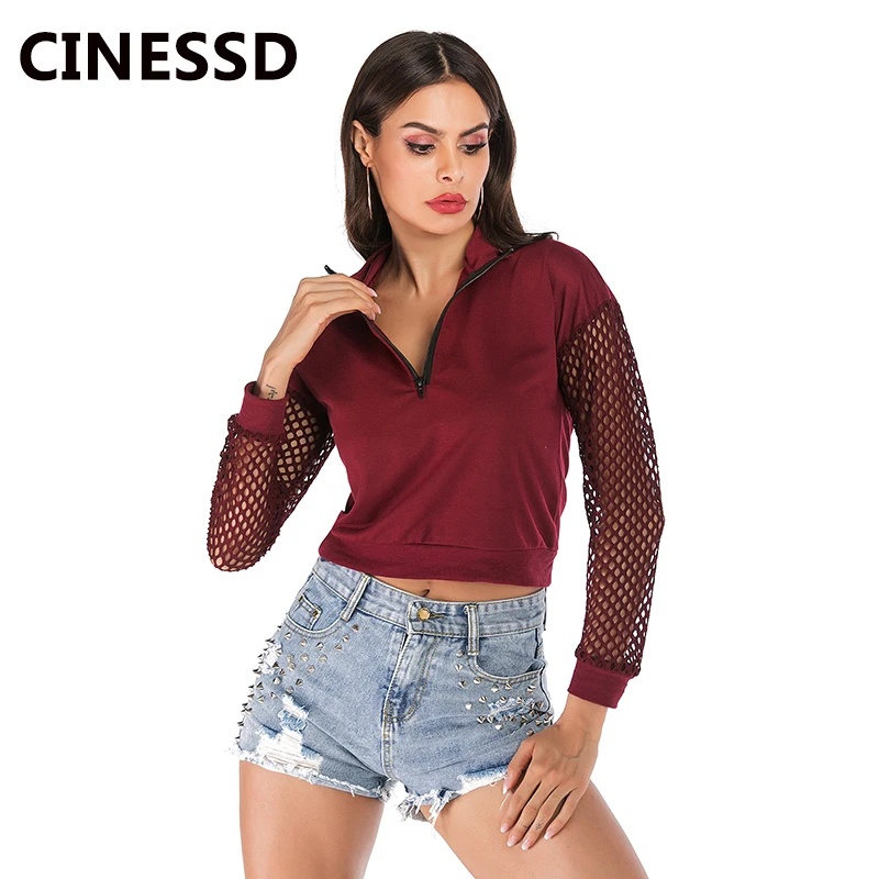 

CINESSD Women Sexy Fashion Hoodies V Neck Zipper Long Sleeves Grid Hollow Patchwork Burgundy Casual Tops Slim Hoodie Sweatshirts