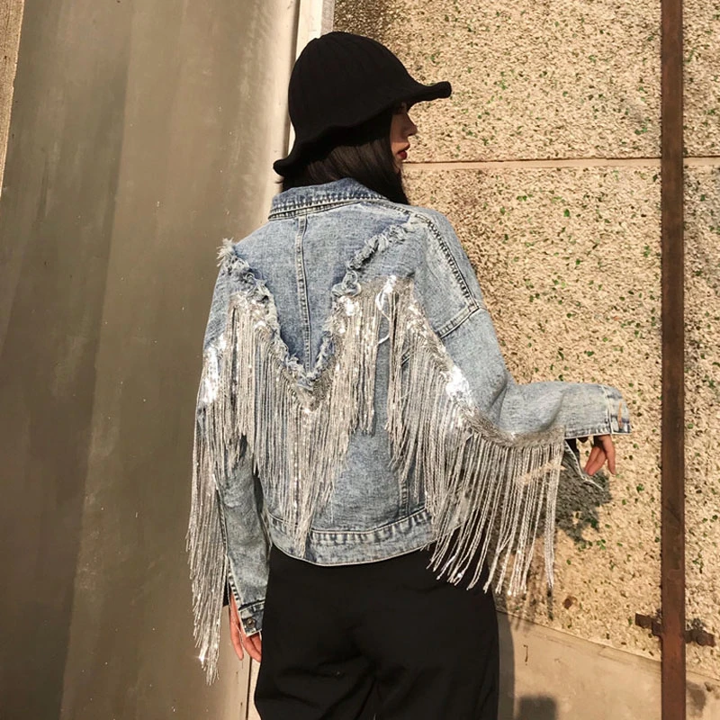 

Jean Jacket Woman Fringed Sequined Denim Jacket 2021 Spring New Retro BF Loose Short Jeans Jacket Top Chaquetas Jackets