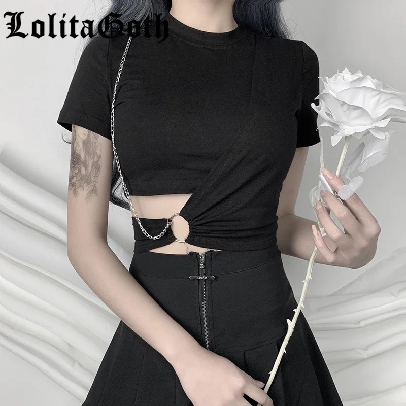Lolita Goth Streetwear Punk Tshirt Gothic Black Hip Pop Tshirts Bodycon Hollow Out T-shirt with Chain Patchwork Casual Top Tees
Lolita Goth Streetwear Punk Tshirt Gothic Black Hip Pop Tshirts Bodycon Hollow Out T-shirt with Chain Patchwork Casual Top Tees
