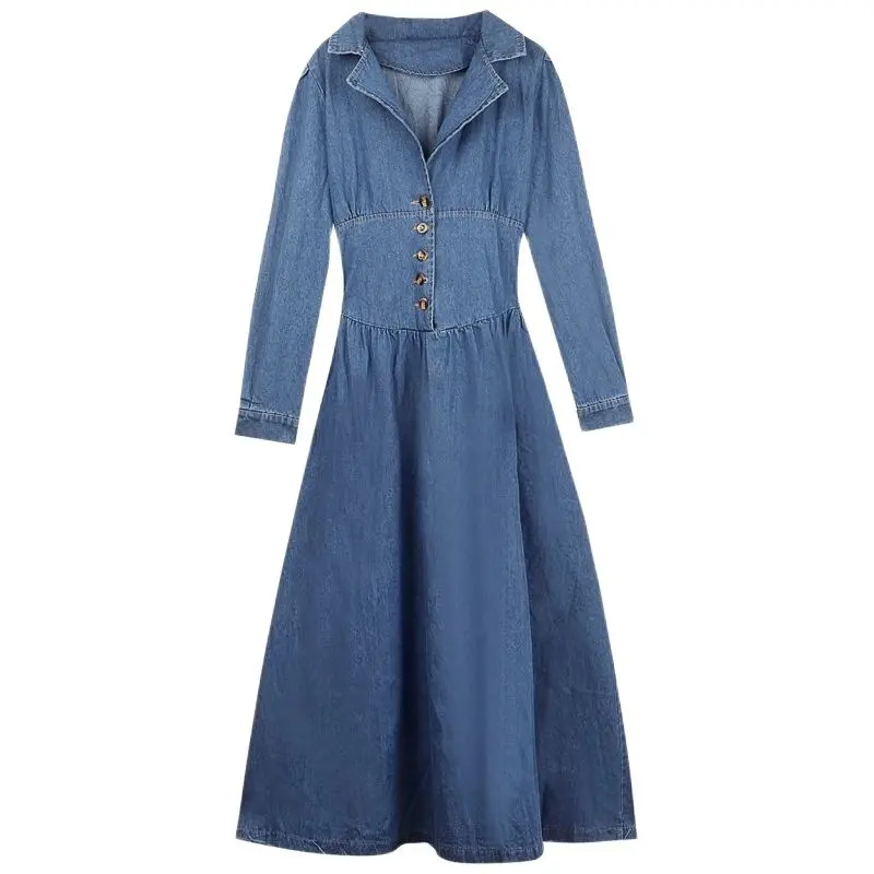 Spring Vintage Puff Sleeve Denim Dress Women V-neck High Waist Slim Big Swing Long A-line Turn-down Collar Mid-calf Female Dress
Spring Vintage Puff Sleeve Denim Dress Women V-neck High Waist Slim Big Swing Long A-line Turn-down Collar Mid-calf Female Dress