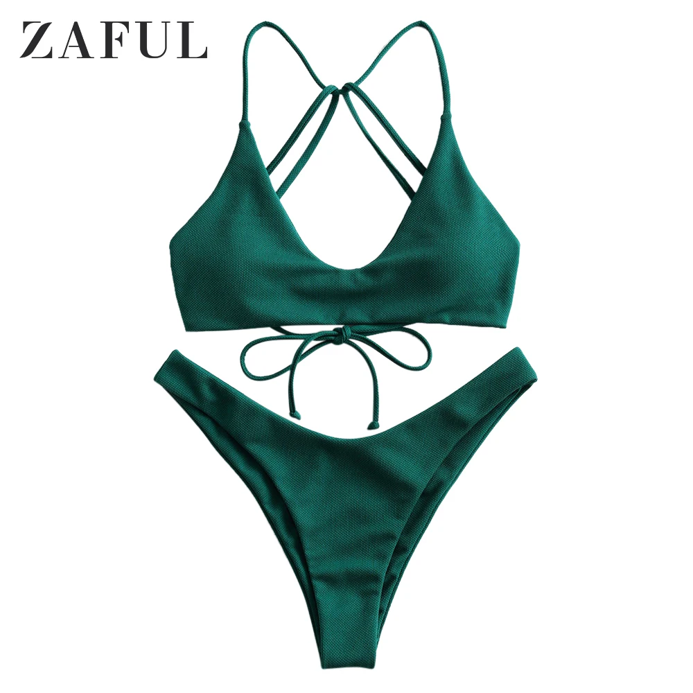 

ZAFUL Textured Strappy Padded Bikini Swimwear Padded Bikini Cami Bikini Two Pieces Swimsuit French Cut Bikini