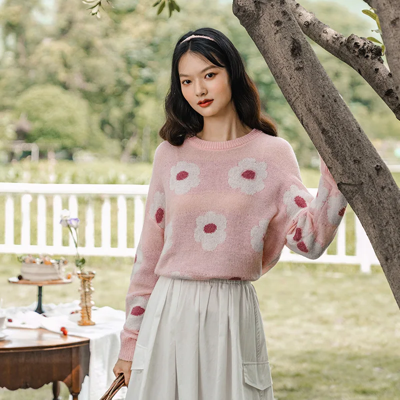 INMAN Spring Autumn Sweet Flower Jacquard O-neck Pullover Loose Women Sweater
INMAN Spring Autumn Sweet Flower Jacquard O-neck Pullover Loose Women Sweater