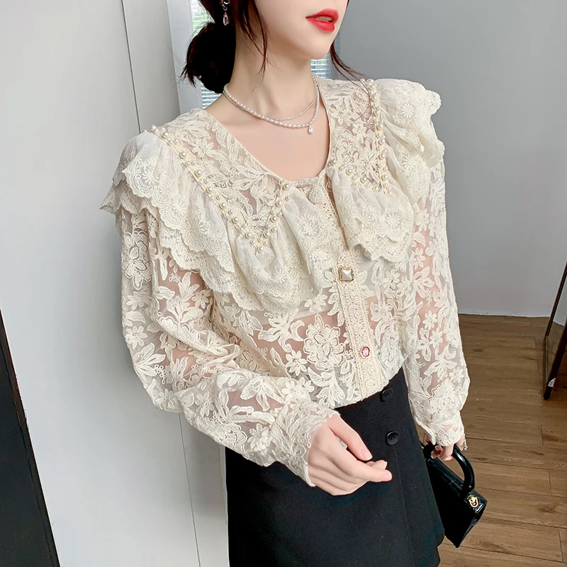 Women Sweet Lace Floral Pattern Hollow Out Pearl Decoration Shirt Peter Pan Collar Long Sleeve Various Buttons Blouse Top
Women Sweet Lace Floral Pattern Hollow Out Pearl Decoration Shirt Peter Pan Collar Long Sleeve Various Buttons Blouse Top