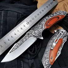 Damascus Steel Knife Quick Open Folding Blade Knife 440C Wood Handle Pocket Folding Knife Camping Hunting Survival Knives