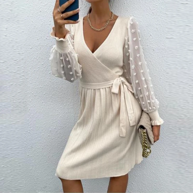 Women Autumn Winter Knitted Solid Slim Dress Sexy V Neck Long Sleeve Ruffle Bottom Mini Dress Fashion Lace-Up Folds Party Dress
Women Autumn Winter Knitted Solid Slim Dress Sexy V Neck Long Sleeve Ruffle Bottom Mini Dress Fashion Lace-Up Folds Party Dress