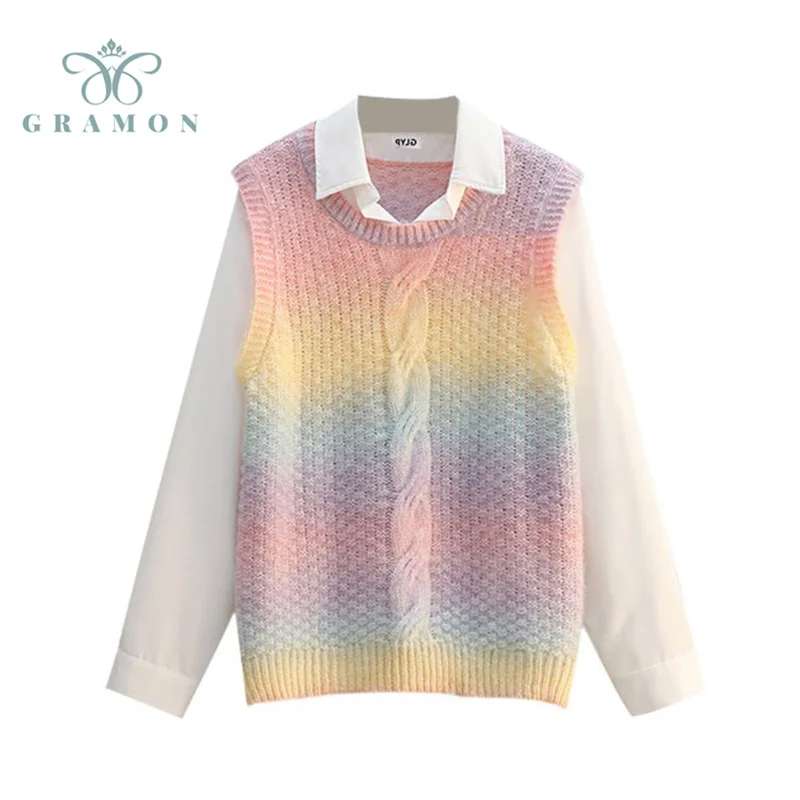Fake 2 Piece Women Sweater 2021 Plus Size O-Neck Oversize Sweet Pullover Autumn Rainbow Gradient Long Sleeve Splicing Cute Tops
Fake 2 Piece Women Sweater 2021 Plus Size O-Neck Oversize Sweet Pullover Autumn Rainbow Gradient Long Sleeve Splicing Cute Tops