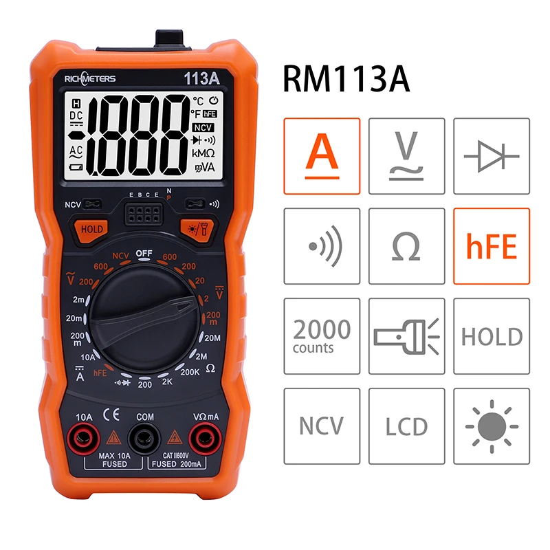 RICHMETERS Digital Multimeter 6000 counts NCV Auto Ranging AC/DC voltage meter Flash light Back light TRUE RMS
RICHMETERS Digital Multimeter 6000 counts NCV Auto Ranging AC/DC voltage meter Flash light Back light TRUE RMS