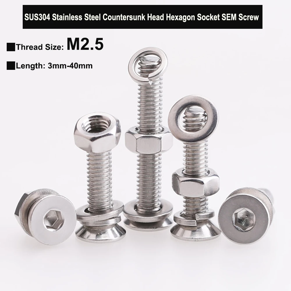 M2.5 SUS304 Stainless Steel Countersunk Head Hexagon Socket Bolt Three Combination Screw with Plain Washer Spring Washer and Nut 
M2.5 SUS304 Stainless Steel Countersunk Head Hexagon Socket Bolt Three Combination Screw with Plain Washer Spring Washer and Nut