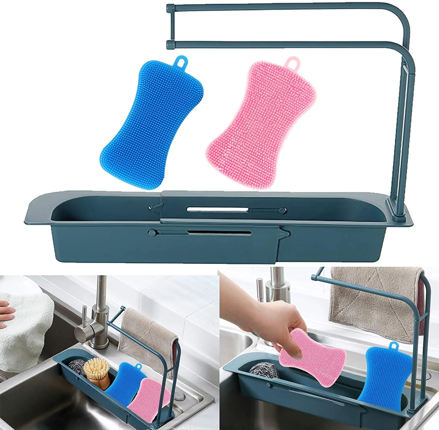 Kitchen Telescopic Sink Rack Set, Adjustable Length Sink Rack and 2Pcs Silicone Dishwashing Sponge, Household Sink Drainer Tray
Kitchen Telescopic Sink Rack Set, Adjustable Length Sink Rack and 2Pcs Silicone Dishwashing Sponge, Household Sink Drainer Tray