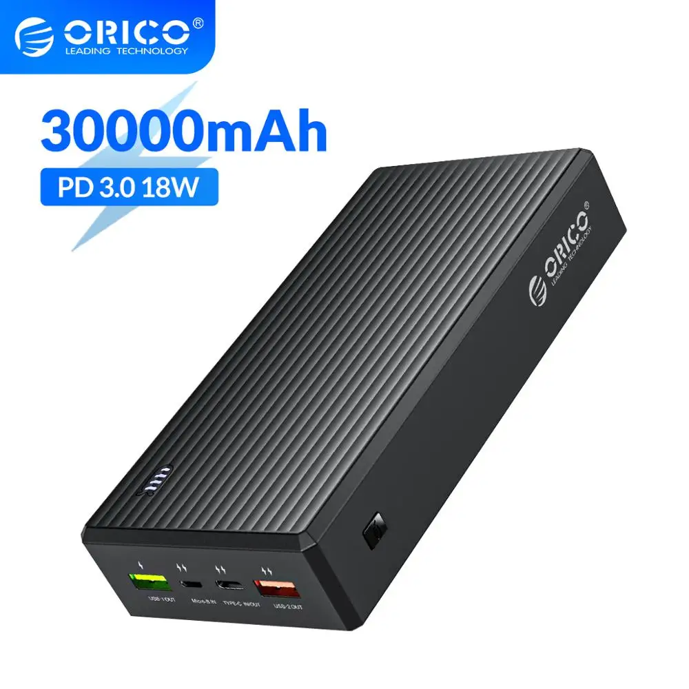 

Внешний аккумулятор ORICO, ёмкость 30000мАч, мощность 18Вт, порт USB C, поддержка быстрой зарядки PD 3.0, подойдёт для телефонов и планшетов