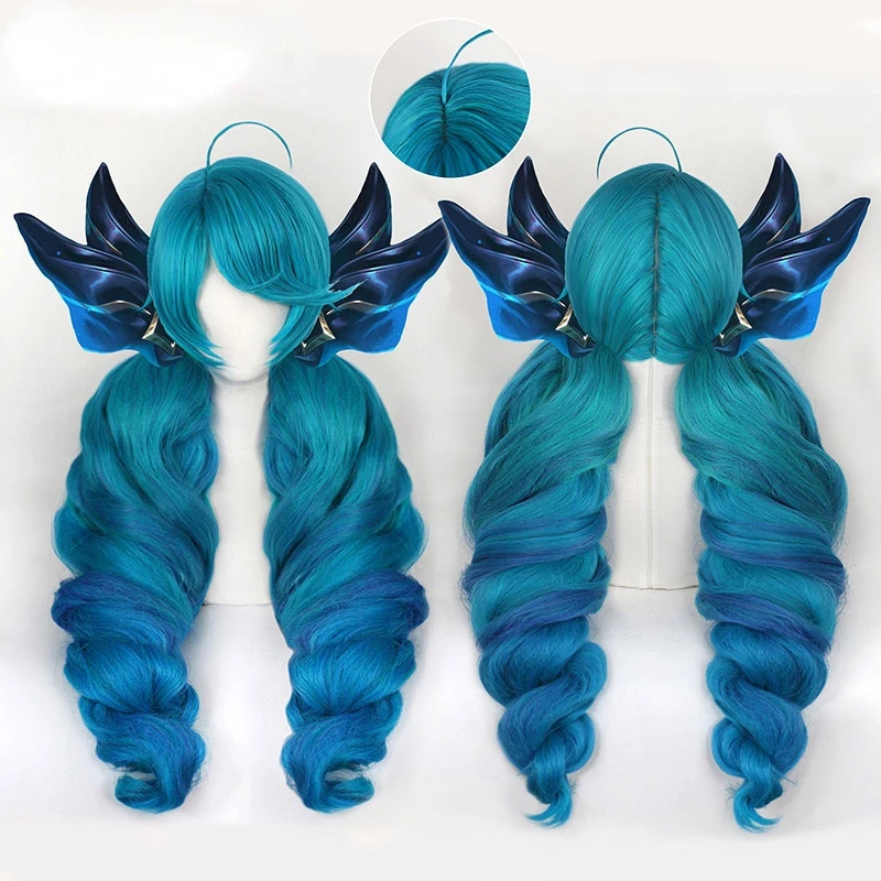 

High Quality LoL Gwen Cosplay Wig LoL Cosplay Gradient Blue Long Ponytails Game Wig Halloween Synthetic Hair Heat Resistant