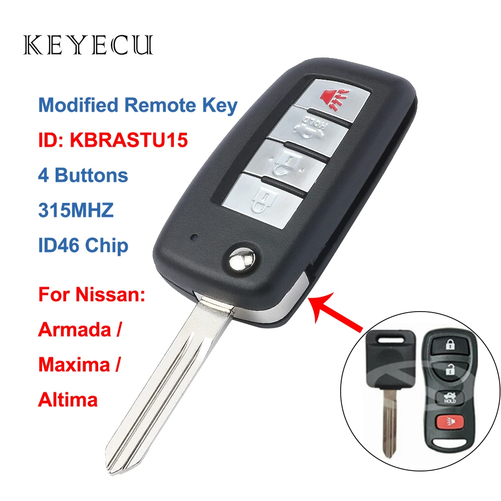 Keyecu Modified Remote Car Key Fob 4 Buttons 315MHz ID46 Chip for Nissan Altima Armada Maxima KBRASTU15, CWTWB1U758, CWTWB1U821
Keyecu Modified Remote Car Key Fob 4 Buttons 315MHz ID46 Chip for Nissan Altima Armada Maxima KBRASTU15, CWTWB1U758, CWTWB1U821