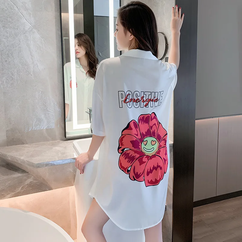 Sexy pajama white shirt pajamas with sleeve printed loose women nightgown 
Sexy pajama white shirt pajamas with sleeve printed loose women nightgown