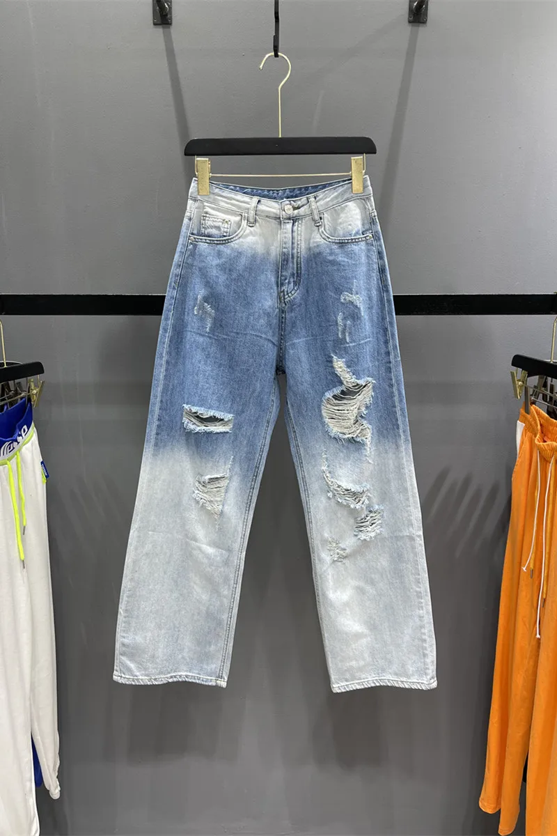 2021 Summer Gradient Color Beggar Ripped Denim Pants Women's Loose High Waist Wide Leg Jean Lady Straight Baggy Trousers
2021 Summer Gradient Color Beggar Ripped Denim Pants Women's Loose High Waist Wide Leg Jean Lady Straight Baggy Trousers
