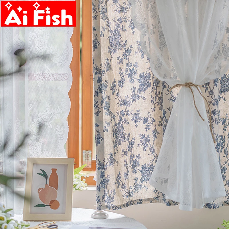 

American Country Pastoral White Lace Double Layer Small Floral Short Curtains Korean Semi-Blackout Bay Window Bedroom Decor #4