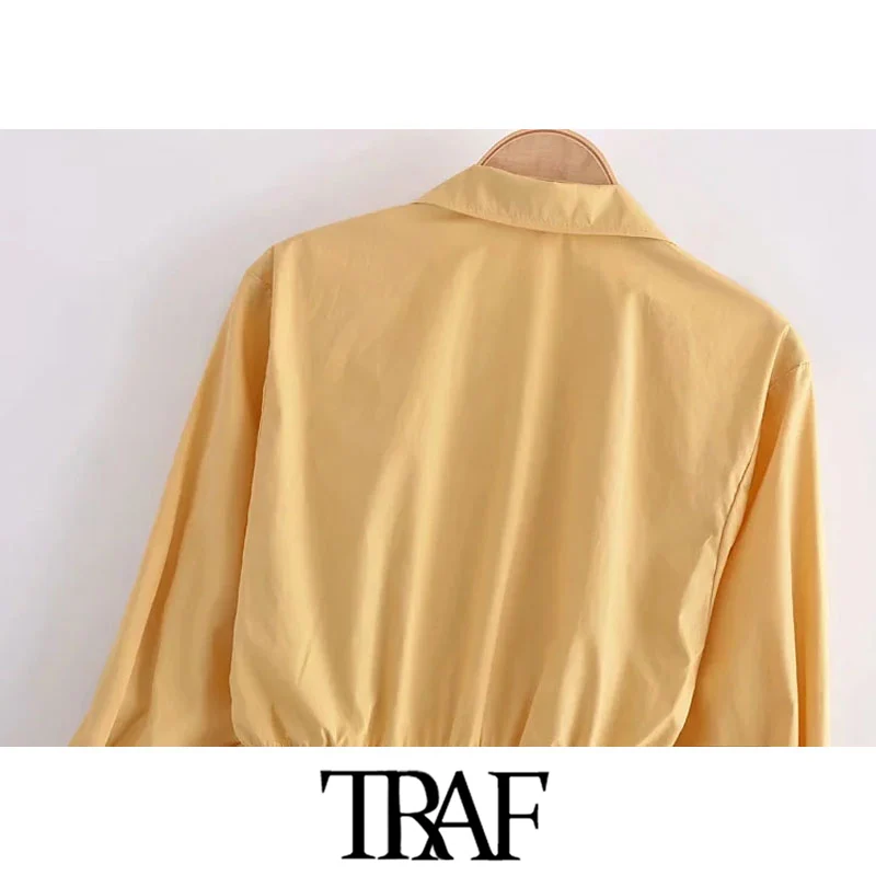 

TRAF Women Fashion With Tied Cropped Blouses Vintage Long Sleeve Crossover Female Shirts Blusas Chic Tops