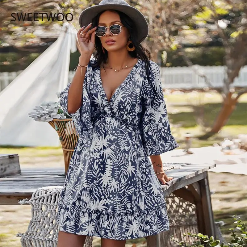 2021 Summer Boho Printed Mini Dress Women V Neck Holiday Beach Dresses A Line Short Sleeve Ruffles Backless Mini Dress Vestidos
2021 Summer Boho Printed Mini Dress Women V Neck Holiday Beach Dresses A Line Short Sleeve Ruffles Backless Mini Dress Vestidos