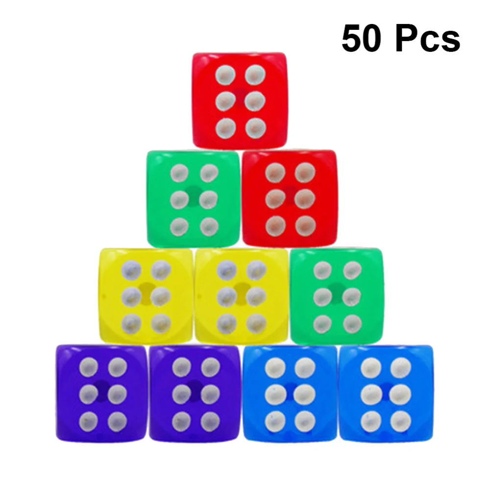 50 Pcs 16mm Dices 6-Sided Colorful Translucent Dice for KTV Party Games Teaching (16# Red + Yellow + Blue + Green + Purple
50 Pcs 16mm Dices 6-Sided Colorful Translucent Dice for KTV Party Games Teaching (16# Red + Yellow + Blue + Green + Purple