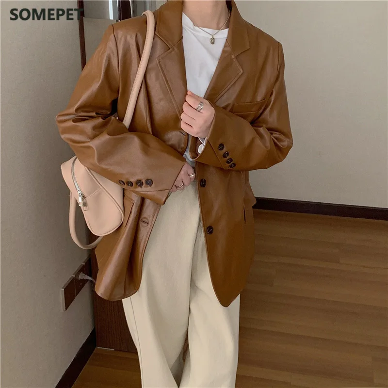 Autumn Faux Leather PU Notched Women's Jackets Single Breasted Long Sleeve Pockets Female Coats Black Streetwear Ladies Jacket
Autumn Faux Leather PU Notched Women's Jackets Single Breasted Long Sleeve Pockets Female Coats Black Streetwear Ladies Jacket