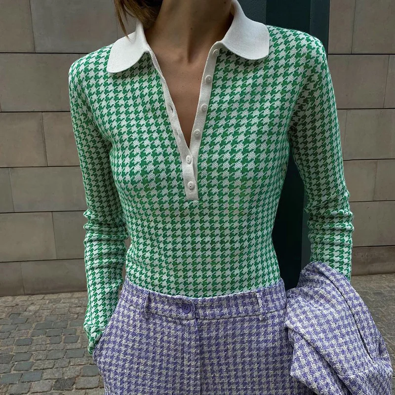 Women's Trendy Knitting Pullover Sweaters Houndstooth Pattern Turn-down Collar Single Breasted Long Sleeves Slim Pullover 2021
Women's Trendy Knitting Pullover Sweaters Houndstooth Pattern Turn-down Collar Single Breasted Long Sleeves Slim Pullover 2021