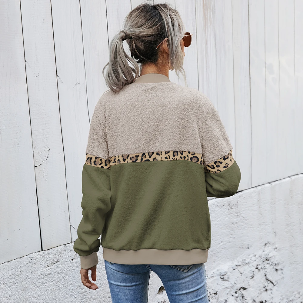 Women's spring jacket Clothing Short plush fashion Versatile Blouses O-Neck Loose Patchwork Women's coat Leopard Color contrast 
Women's spring jacket Clothing Short plush fashion Versatile Blouses O-Neck Loose Patchwork Women's coat Leopard Color contrast