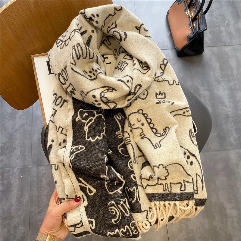 Winter Dinosaur Print Cashmere Scarf Women Double-sided Imitation Shawls Pashmina Foulard Neckerchief Female Thick 2021 Blanket
Winter Dinosaur Print Cashmere Scarf Women Double-sided Imitation Shawls Pashmina Foulard Neckerchief Female Thick 2021 Blanket