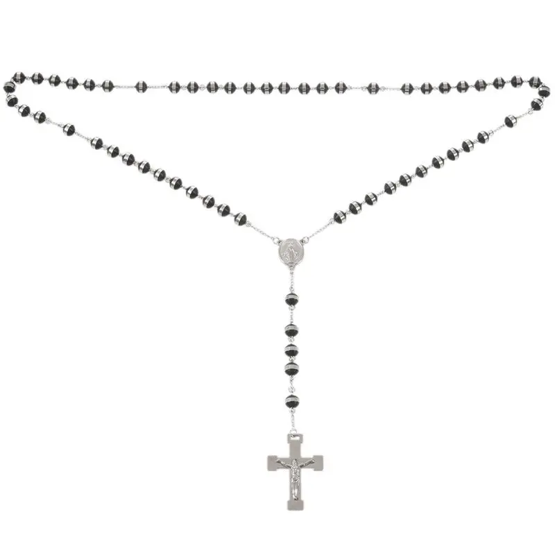 

Stainless Steel Pendant Necklace Silver Black Virgin Mary Jesus Christ Crucifix Cross Rosary Vintage Retro 26 Inch Chain Man Wom