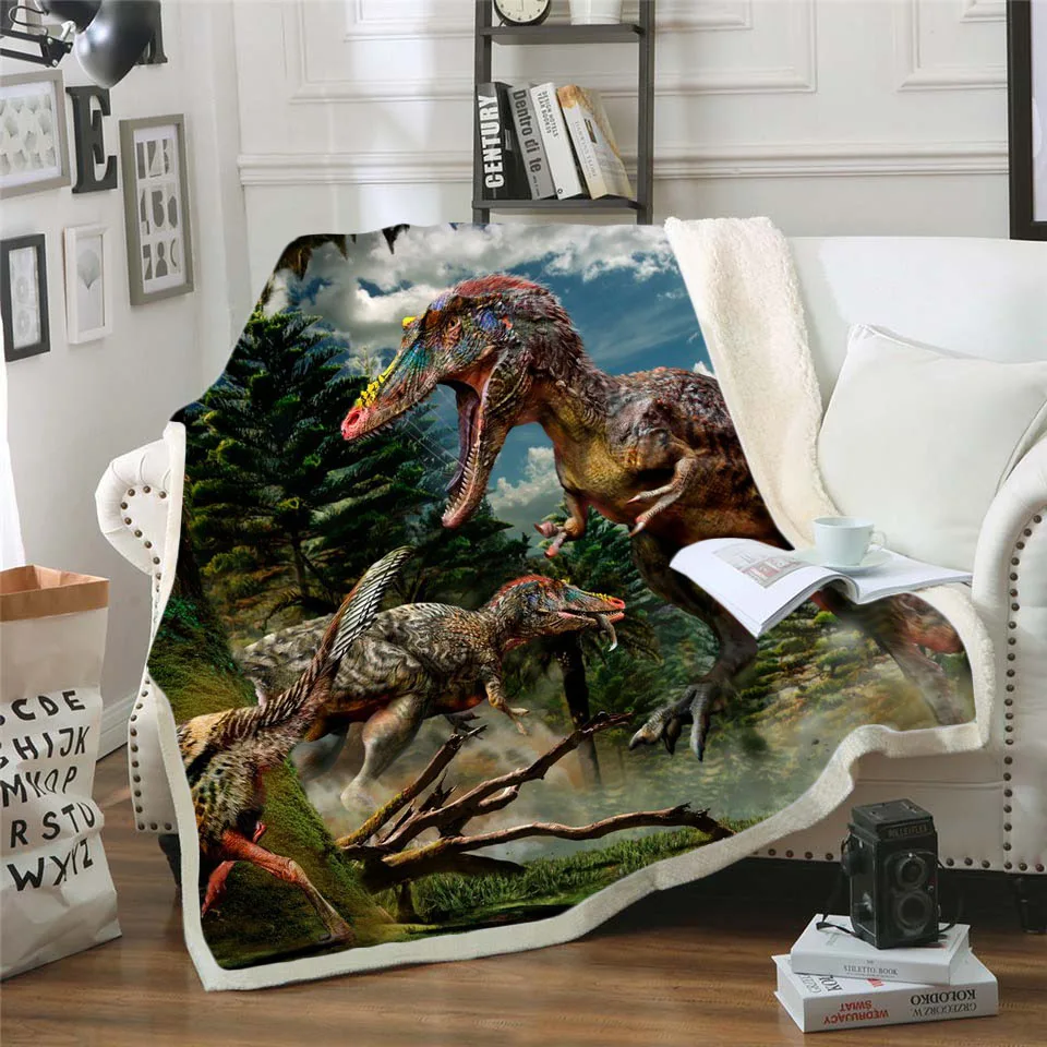 

Dinosaur Jurassic Funny Character Blanket 3D Print Sherpa Blanket on Bed Home Textiles Dreamlike Style 02