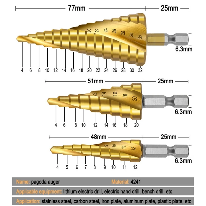 3pcs HSS Steel Titanium Coated Spiral Flute Step Drill Bit with Automatic Center Punch Metal Wood Cutter
3pcs HSS Steel Titanium Coated Spiral Flute Step Drill Bit with Automatic Center Punch Metal Wood Cutter