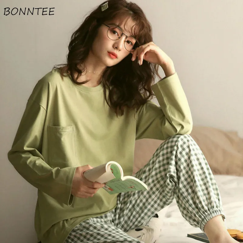 Women Pajama Sets Cotton Solid Tops Plaid Long Elastic-Calf Pants Students Simple Casual Loose Room Wears Two Pieces Sweet Girls
Women Pajama Sets Cotton Solid Tops Plaid Long Elastic-Calf Pants Students Simple Casual Loose Room Wears Two Pieces Sweet Girls