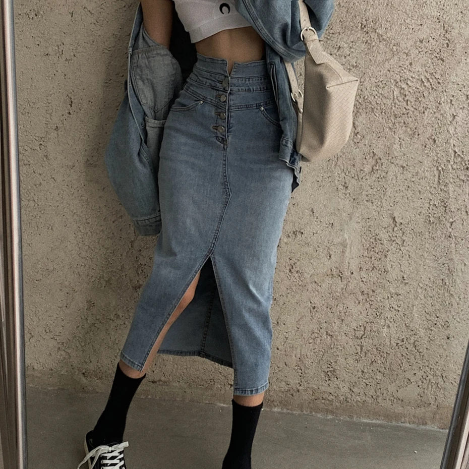 Denim Skirt Female High Waist Denim Skirt Chic Streetwear Saia Vintage Slim Skirts Women Autumn Stretch Front Slit Mid-length
Denim Skirt Female High Waist Denim Skirt Chic Streetwear Saia Vintage Slim Skirts Women Autumn Stretch Front Slit Mid-length