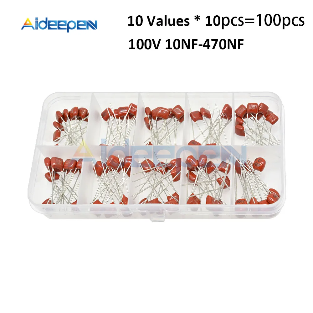10 Values 100Pcs CBB Capacitor Set Metallized Polyester Film Capacitors Assortment Kit 10nF~470nF 22NF 47NF 100NF 0.47uf 0.1uf
10 Values 100Pcs CBB Capacitor Set Metallized Polyester Film Capacitors Assortment Kit 10nF~470nF 22NF 47NF 100NF 0.47uf 0.1uf