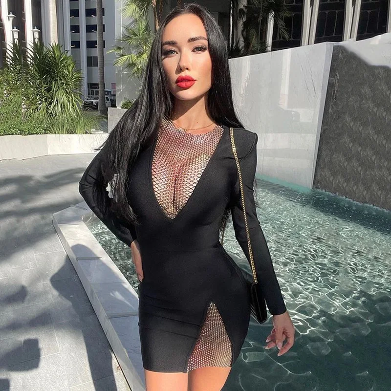 2022 Summer Drilling Diamond Black Dress Women's Fashion Long-sleeved Hollow Stitching Mesh Slim Bodycon Party Dress
2022 Summer Drilling Diamond Black Dress Women's Fashion Long-sleeved Hollow Stitching Mesh Slim Bodycon Party Dress