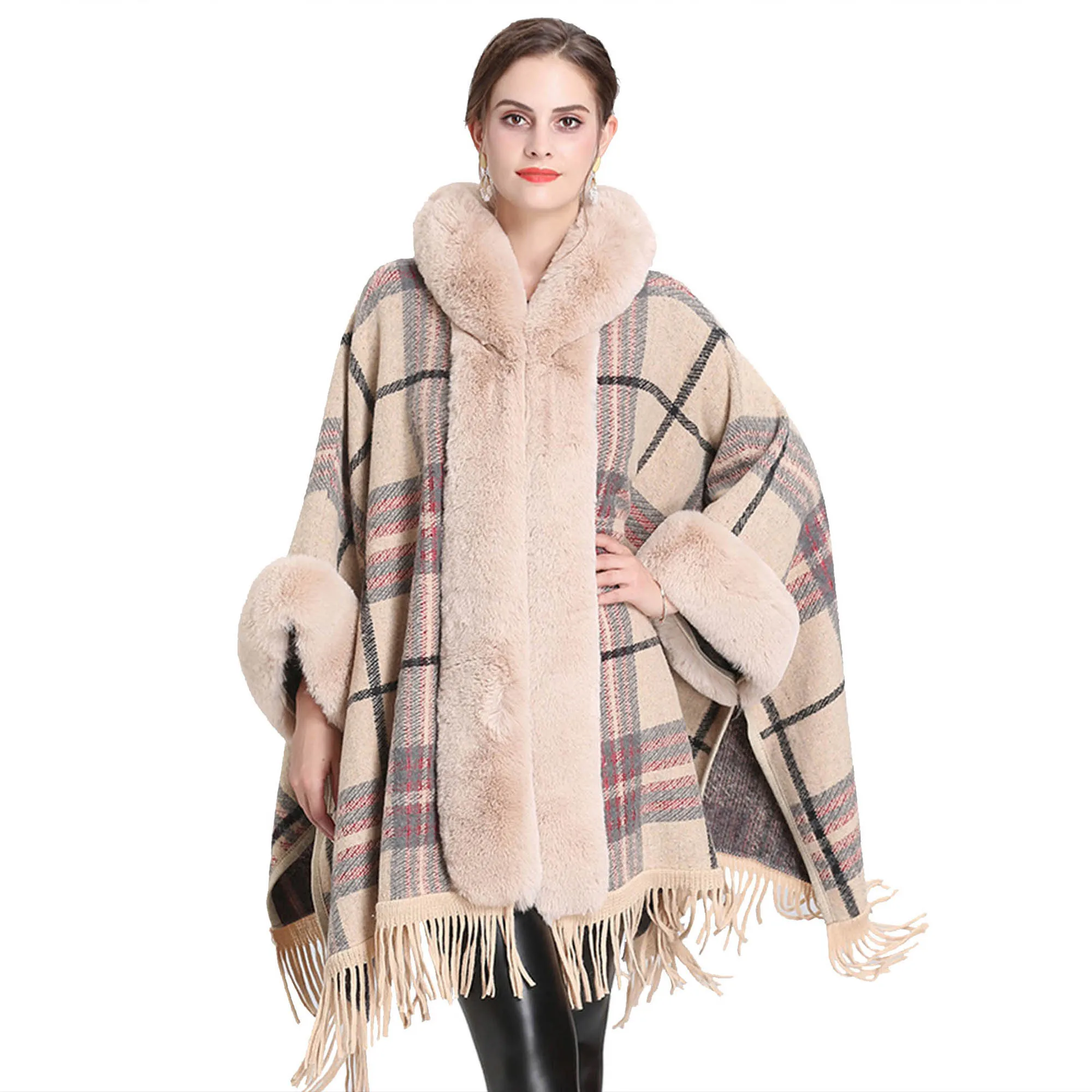2021 Europe New Fashion Faux Fox Fur Collar Cloak Women Hooded Knit Shawl Coat Autumn Winter Elegant Plaid Warm Outerwear W698
2021 Europe New Fashion Faux Fox Fur Collar Cloak Women Hooded Knit Shawl Coat Autumn Winter Elegant Plaid Warm Outerwear W698