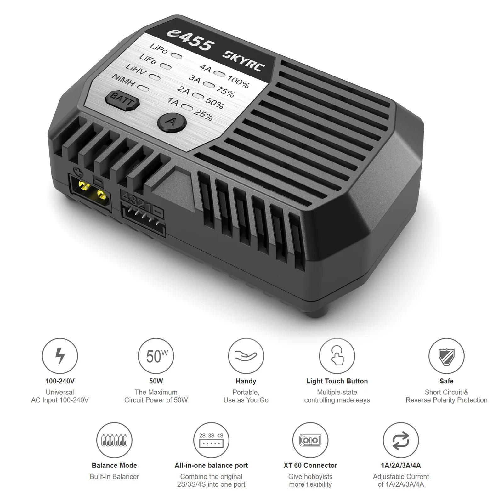 SKYRC E455 Balance Charger 100-240V 50W for 2-4S LiPo LiFe LiHV Battery 6-8S NiMH Battery XT60 Connector Handy Portable Charger
SKYRC E455 Balance Charger 100-240V 50W for 2-4S LiPo LiFe LiHV Battery 6-8S NiMH Battery XT60 Connector Handy Portable Charger